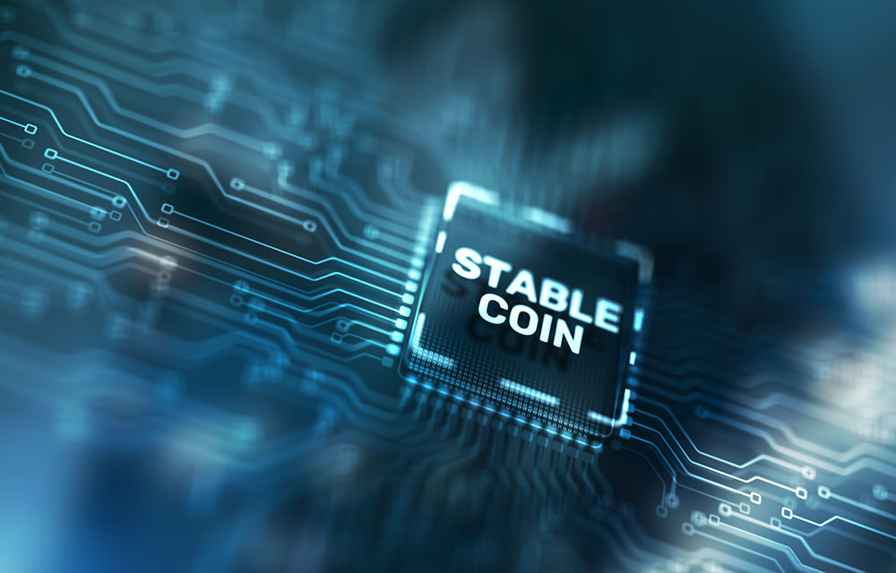 Close up illustration of a circuit board with a square piece labeled "stable coin."