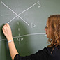 redhead teacher drawing supply and demand curves on the blackboard