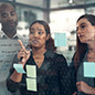 two women and one man discussing business on a glass wall with sticky notes