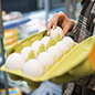 Close-up on the hands of a woman picking eggs in a supermarket