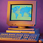 Desktop computer from late 90s or early 2000s with a graphic of a world map on the monitor