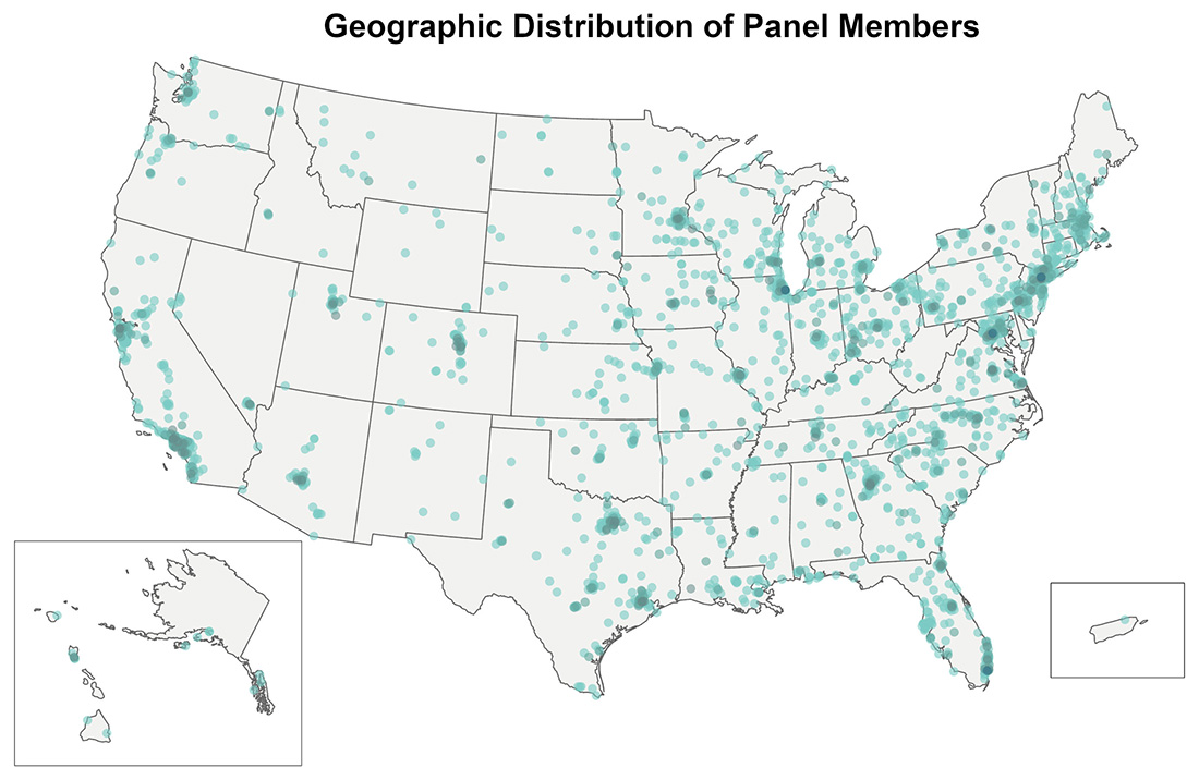 Map of the United States showing the geographic distribution of panel members in the CFO Survey.